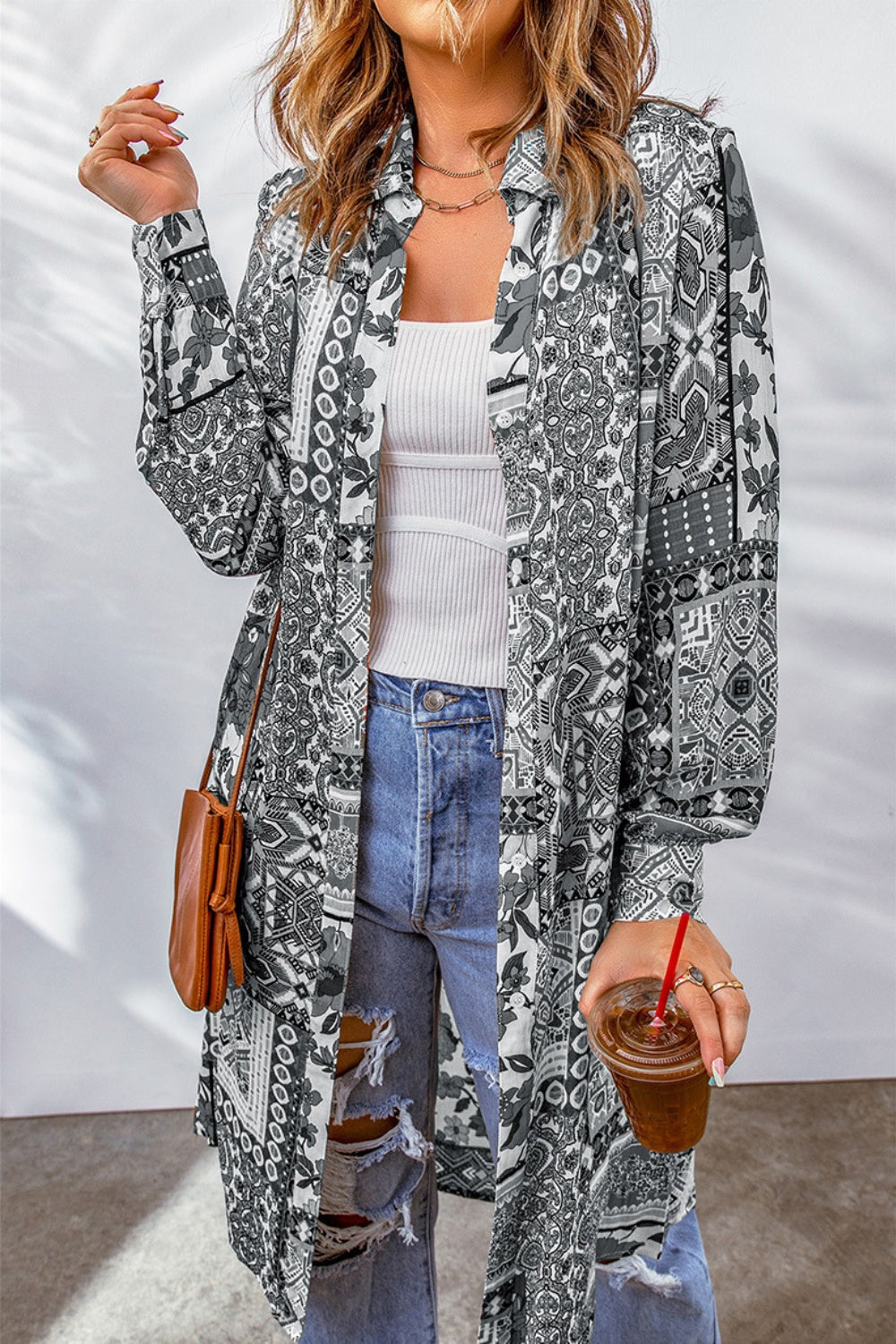 Printed Button Up Long Sleeve Cardigan-Angel Casuals