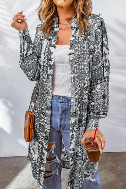 Printed Button Up Long Sleeve Cardigan-Angel Casuals