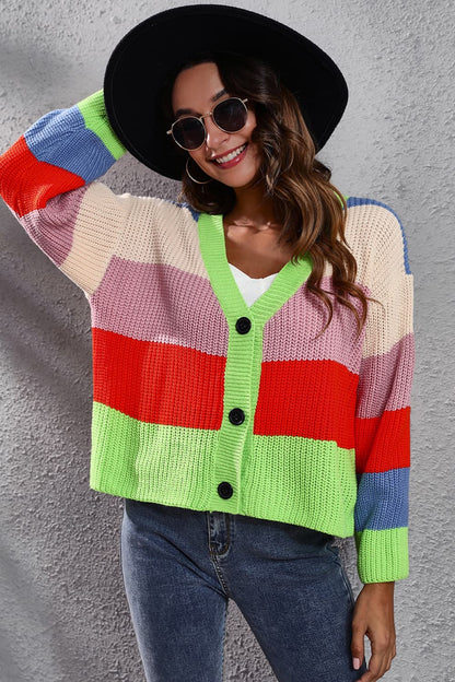 Color Block Button-Down Dropped Shoulder Cardigan-Angel Casuals