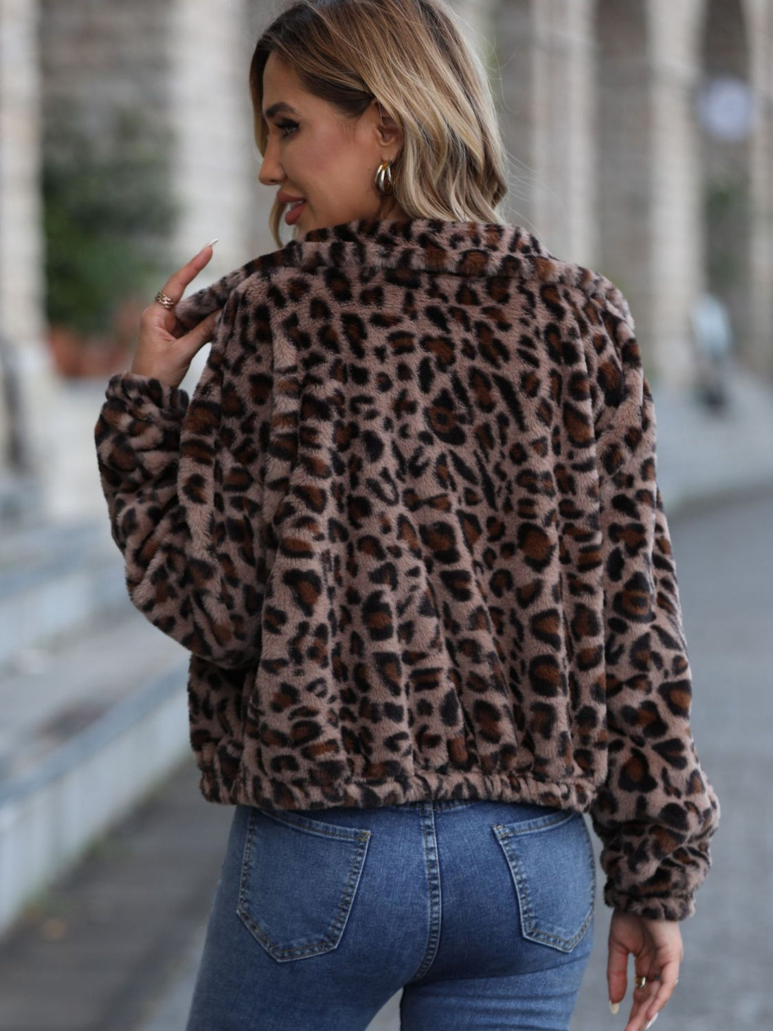Leopard Collared Neck Zip Up Jacket-Angel Casuals