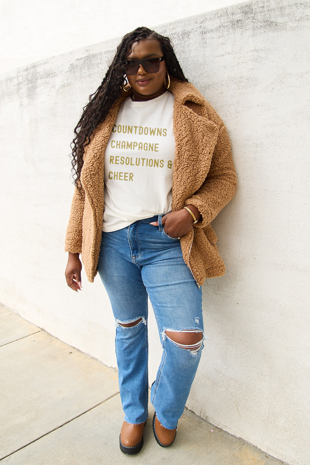Simply Love Full Size COUNTDOWNS CHAMPAGNE RESOLUTIONS & CHEER Round Neck T-Shirt-Angel Casuals