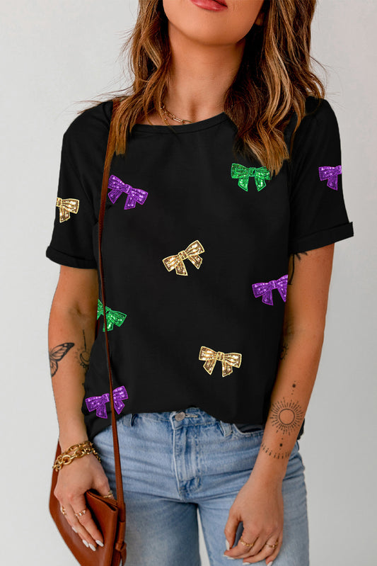 Bow Print Sequin Round Neck Short Sleeve T-Shirt-Angel Casuals