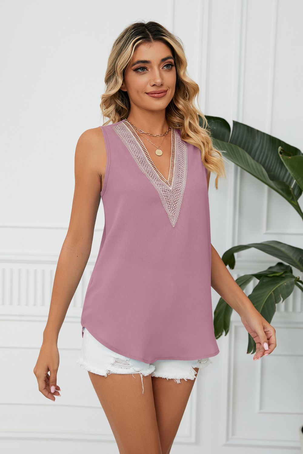 Contrast Trim Plunge Sleeveless Blouse-Angel Casuals