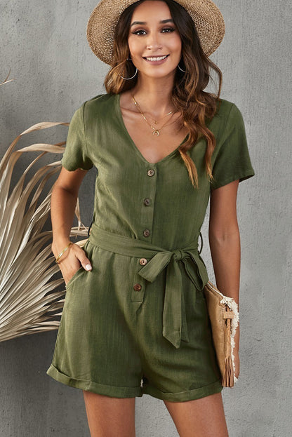 V-Neck Short Sleeve Tie Belt Romper with Pockets-Angel Casuals