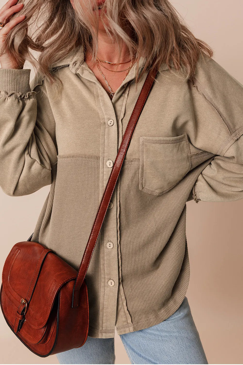 Waffle-Knit Collared Neck Long Sleeve Shacket-Angel Casuals