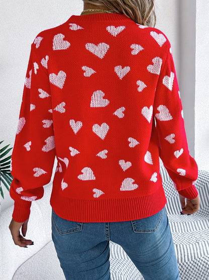 Heart Round Neck Long Sleeve Sweater-Angel Casuals