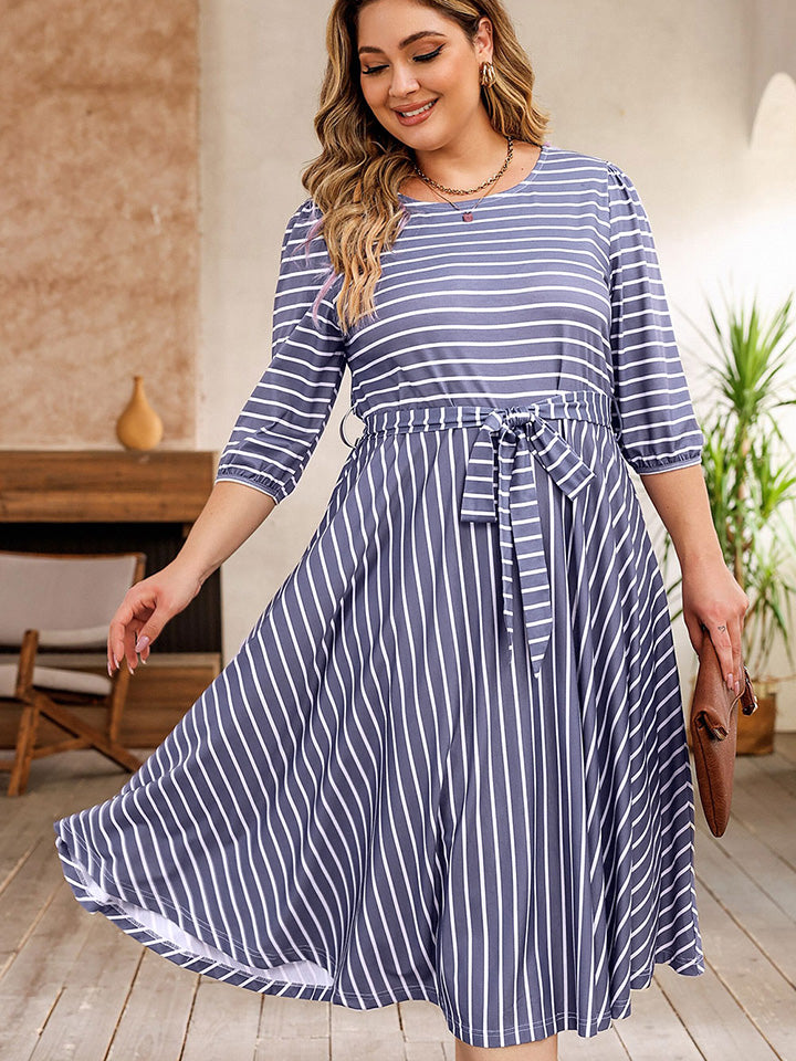 Plus Size Round Neck Striped Tie Waist Dress-Angel Casuals