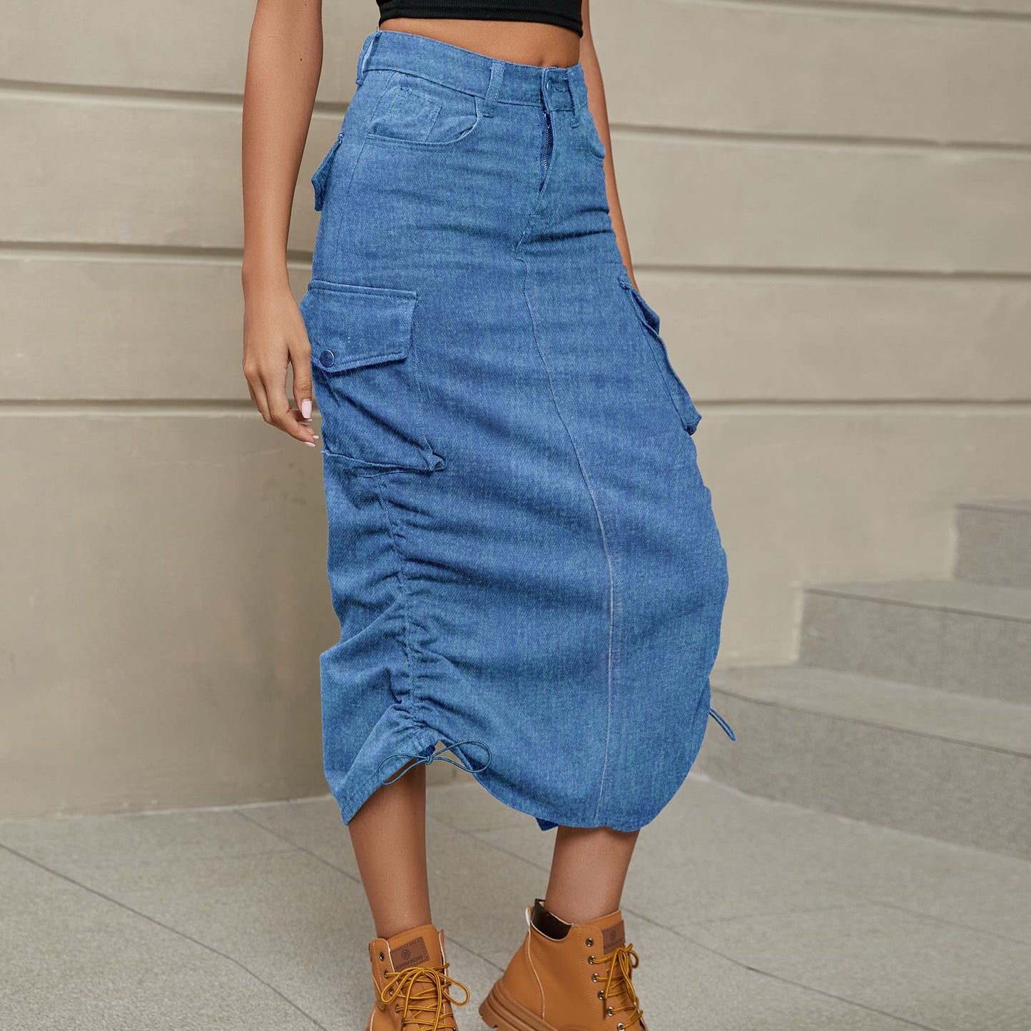 Drawstring Ruched Slit Denim Midi Skirt-Angel Casuals