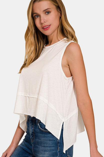 Zenana Slit High-Low Round Neck Tank-Angel Casuals