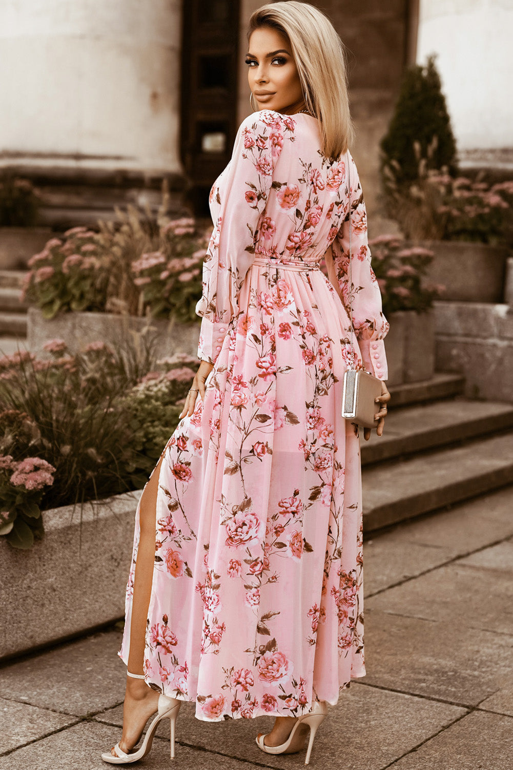 Floral Tie Belt Bishop Sleeve Slit Maxi Dress-Angel Casuals