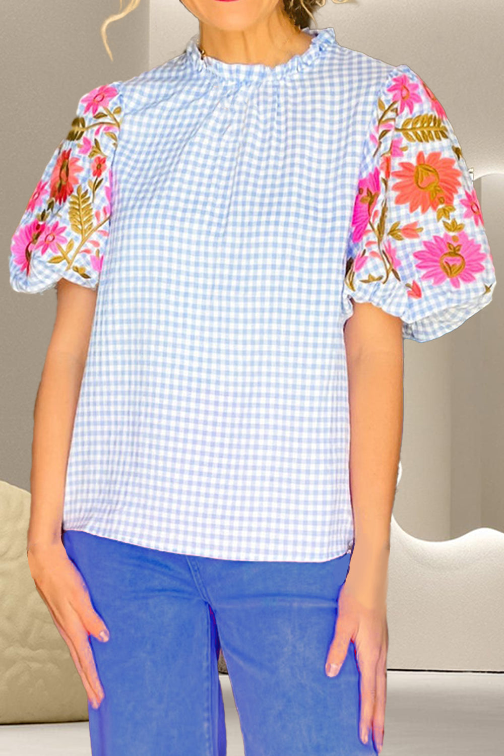 Embroidered Plaid Round Neck Short Sleeve Blouse-Angel Casuals