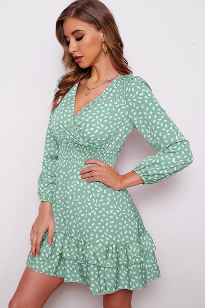 Printed Surplice Neck Puff Sleeve Ruffle Hem Dress-Angel Casuals