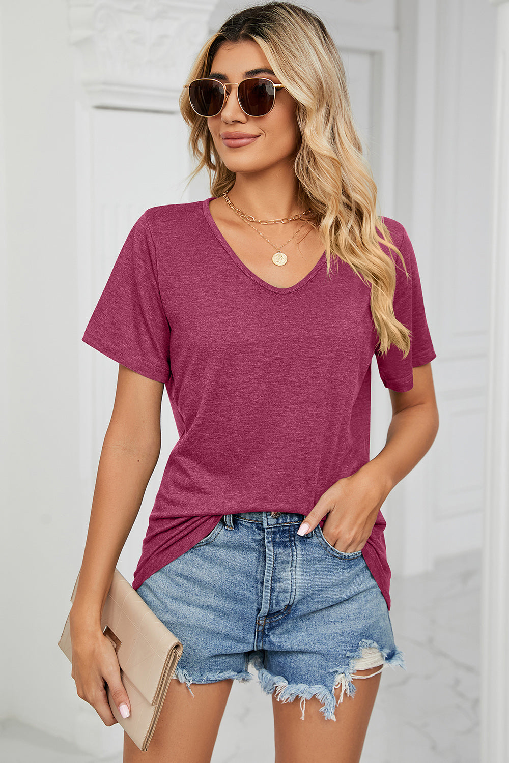 V-Neck Short Sleeve T-Shirt-Angel Casuals