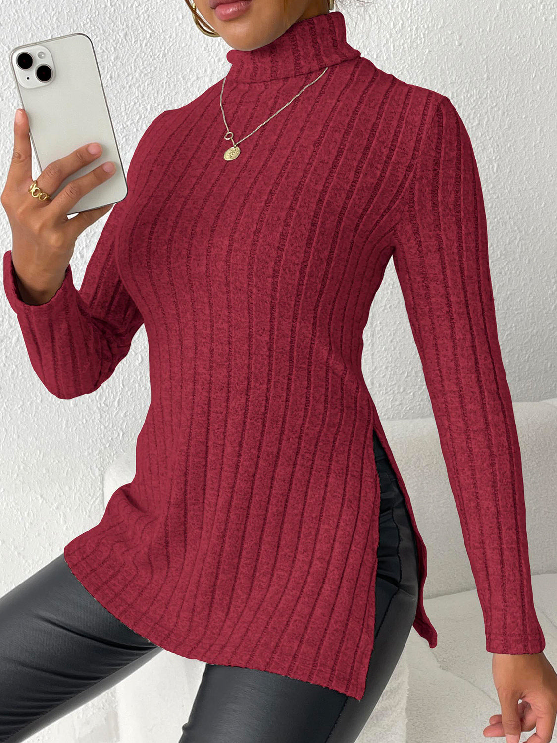 Ribbed Turtleneck Long Sleeve Slit T-Shirt-Angel Casuals