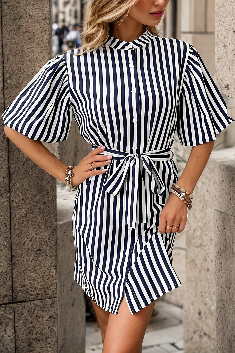 Striped Button Up Tie Waist Mini Dress-Angel Casuals