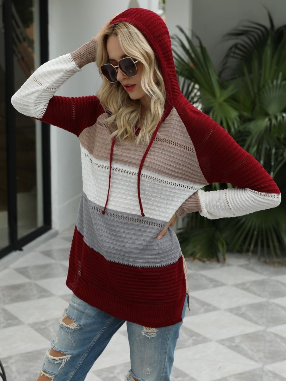 Drawstring Contrast Long Sleeve Hooded T-Shirt-Angel Casuals