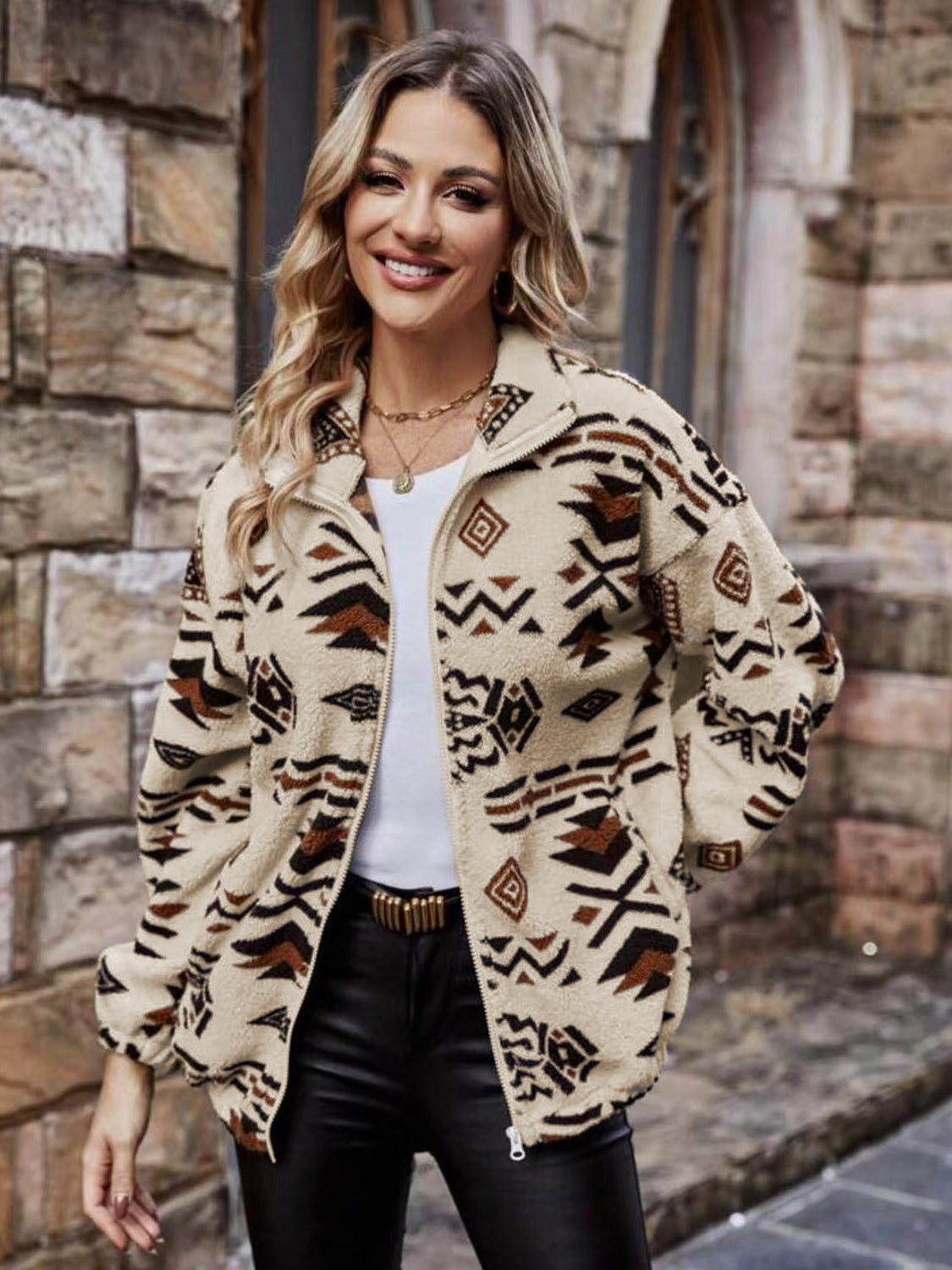 Geometric Zip Up Long Sleeve Outerwear-Angel Casuals