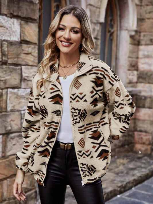 Geometric Zip Up Long Sleeve Outerwear-Angel Casuals
