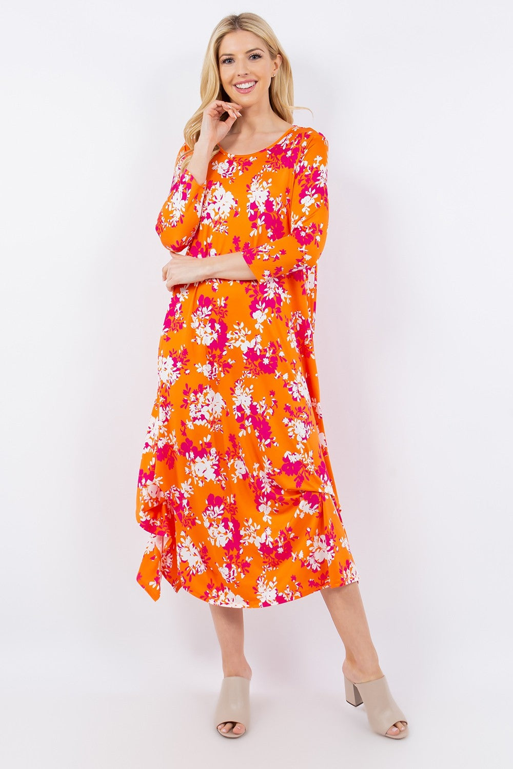 Celeste Full Size Pick-Up Hem Asymmetric Floral Midi Dress-Angel Casuals