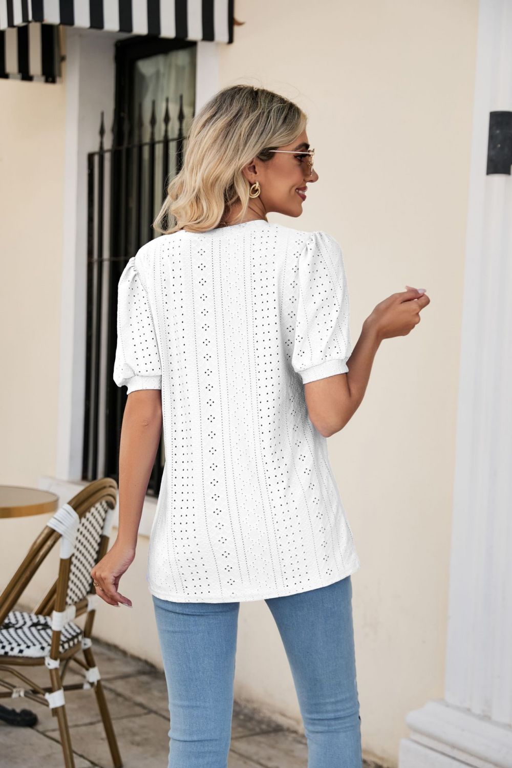 Eyelet Puff Sleeve V-Neck Top-Angel Casuals