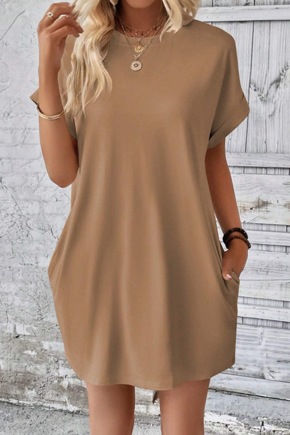 Pocketed Round Neck Short Sleeve Dress-Angel Casuals