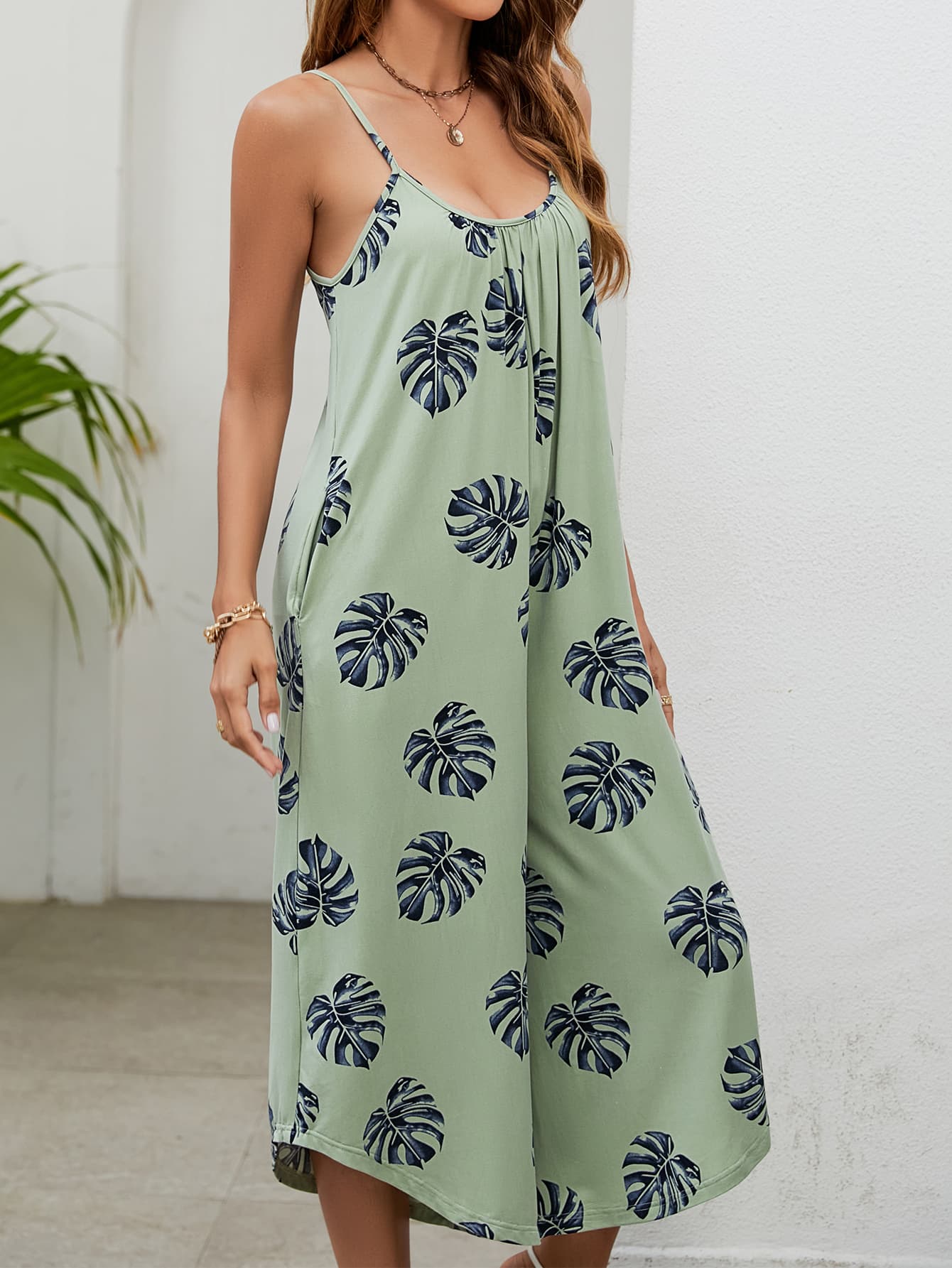 Botanical Print Spaghetti Strap Scoop Neck Jumpsuit-Angel Casuals