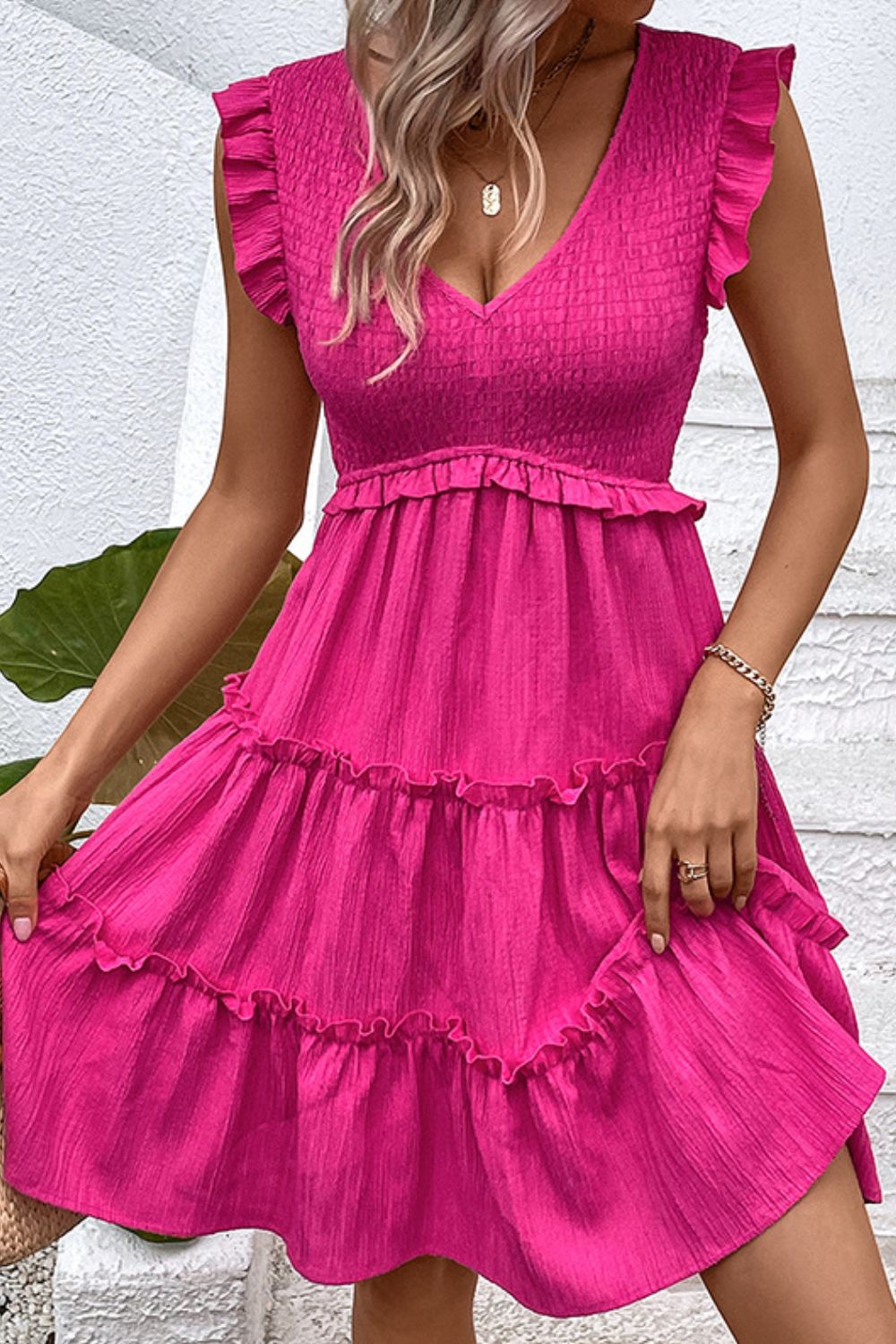 Smocked Frill Trim Deep V Dress-Angel Casuals