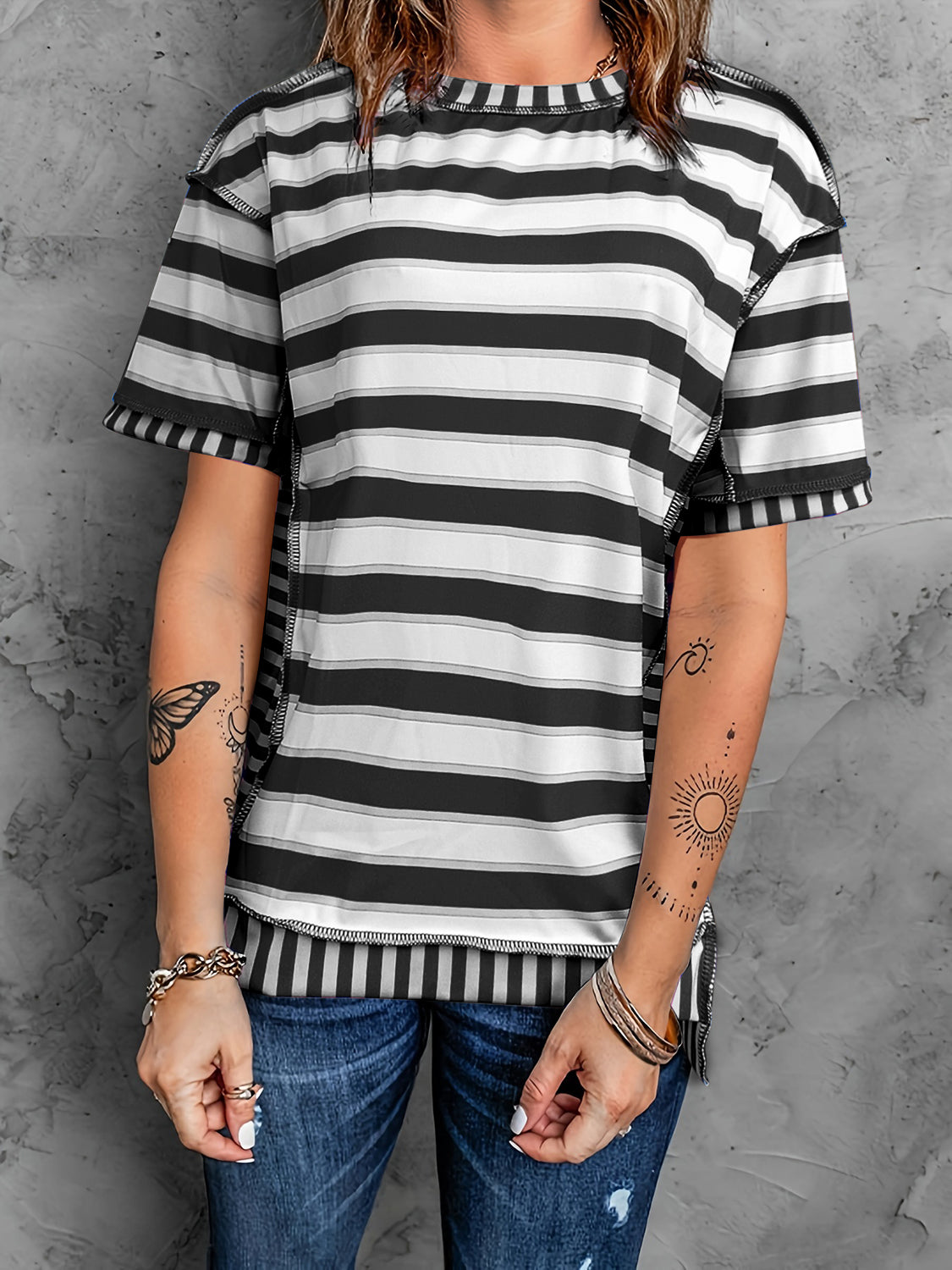 Full Size Contrast Stitching Striped Round Neck T-Shirt-Angel Casuals