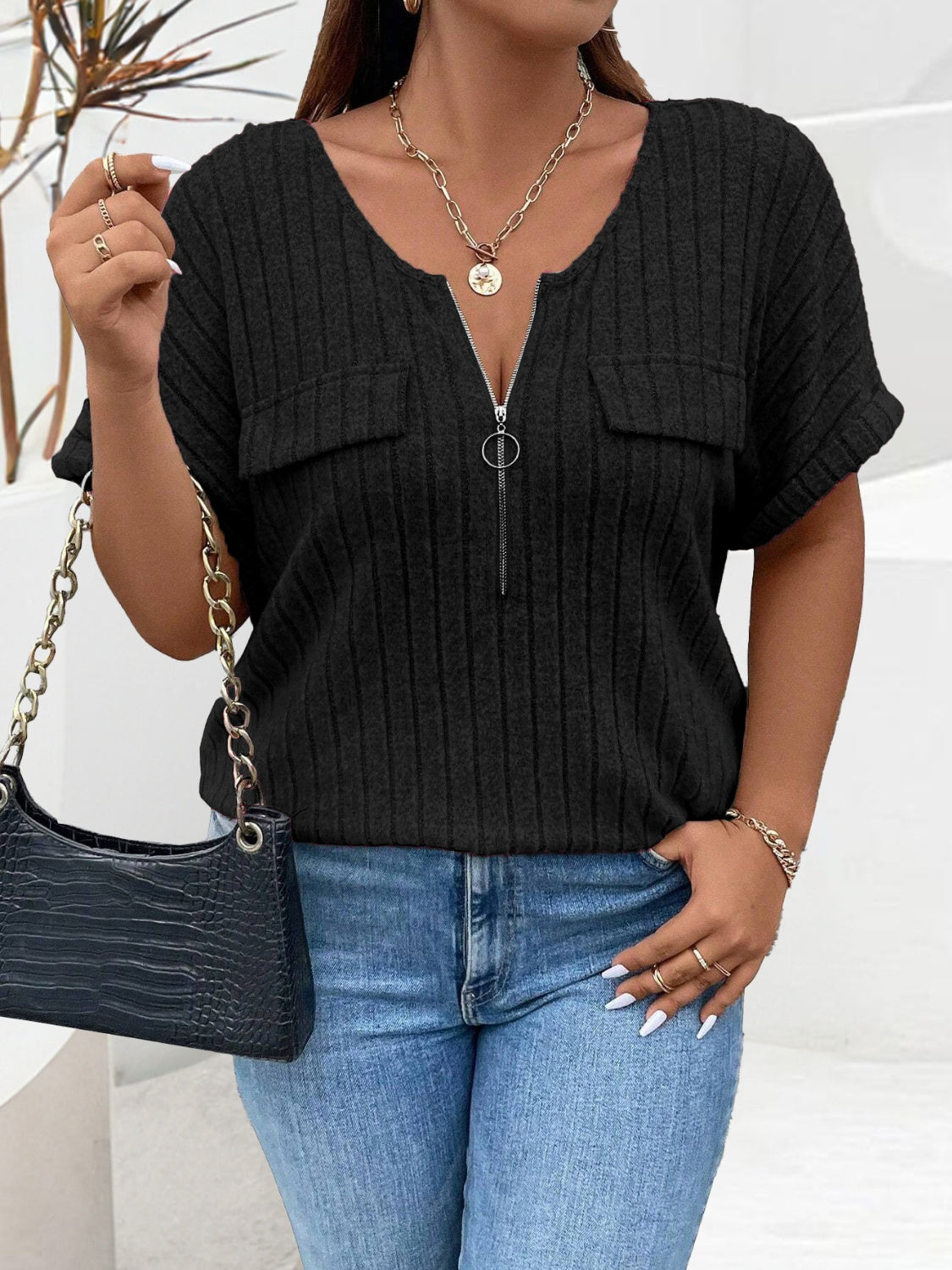 Plus Size Half Zip Short Sleeve T-Shirt-Angel Casuals