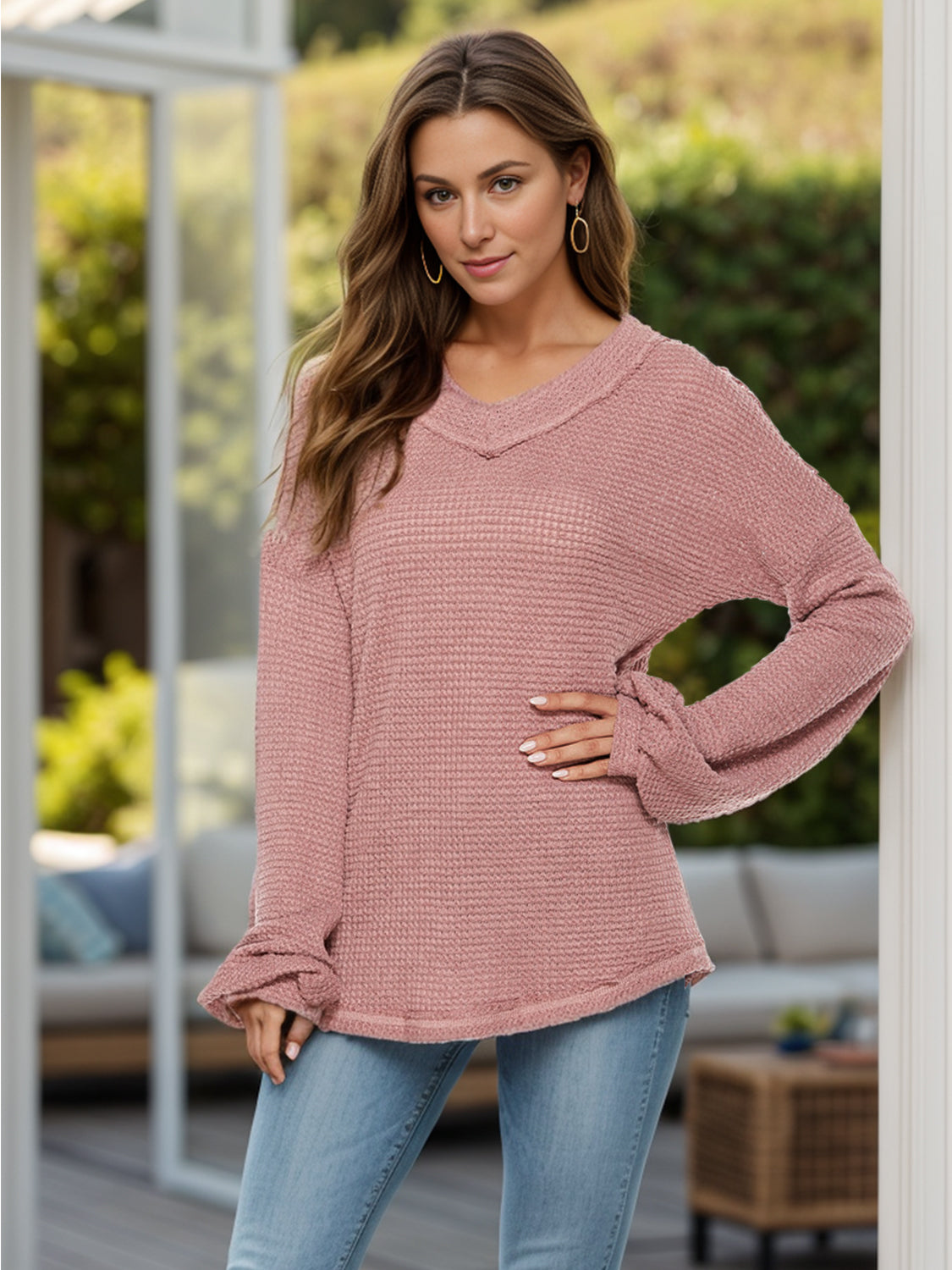 Dropped Shoulder Long Sleeve Knit Top-Angel Casuals