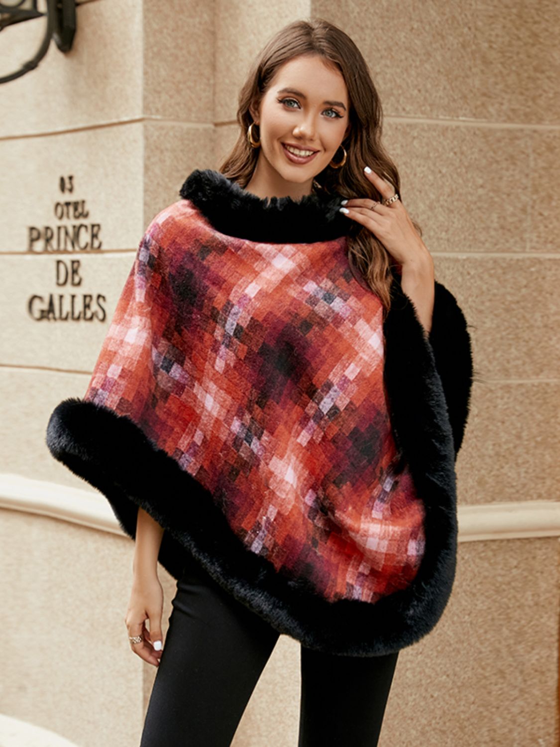 Faux Fur Trim Poncho-Angel Casuals