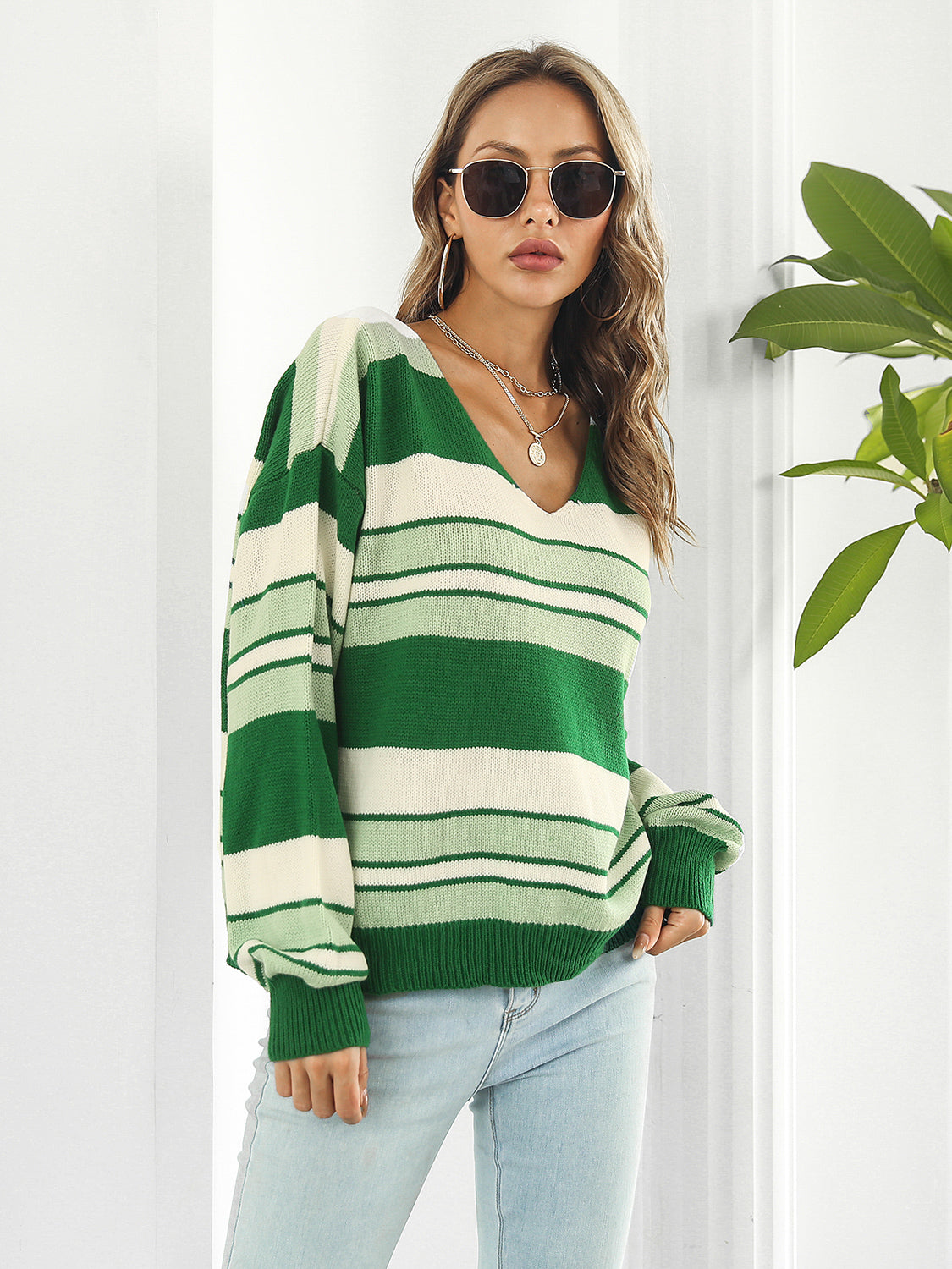 Striped V-Neck Long Sleeve Knit Top-Angel Casuals