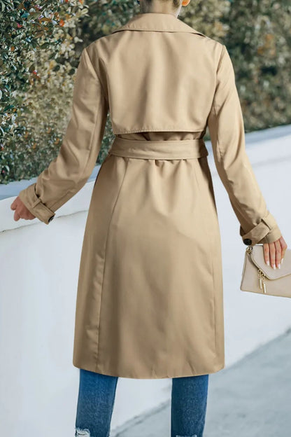 Collared Neck Tie Waist Buttoned Long Sleeve Trench Coat-Angel Casuals