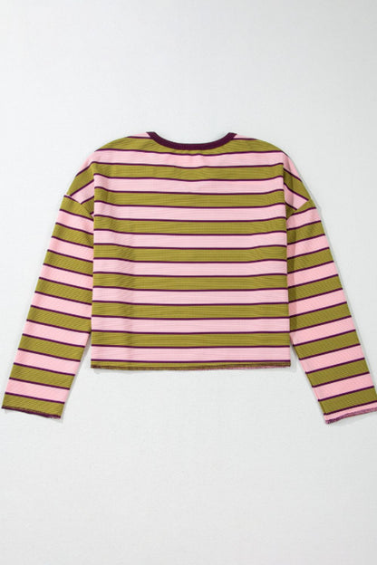 Striped Notched Long Sleeve T-Shirt-Angel Casuals