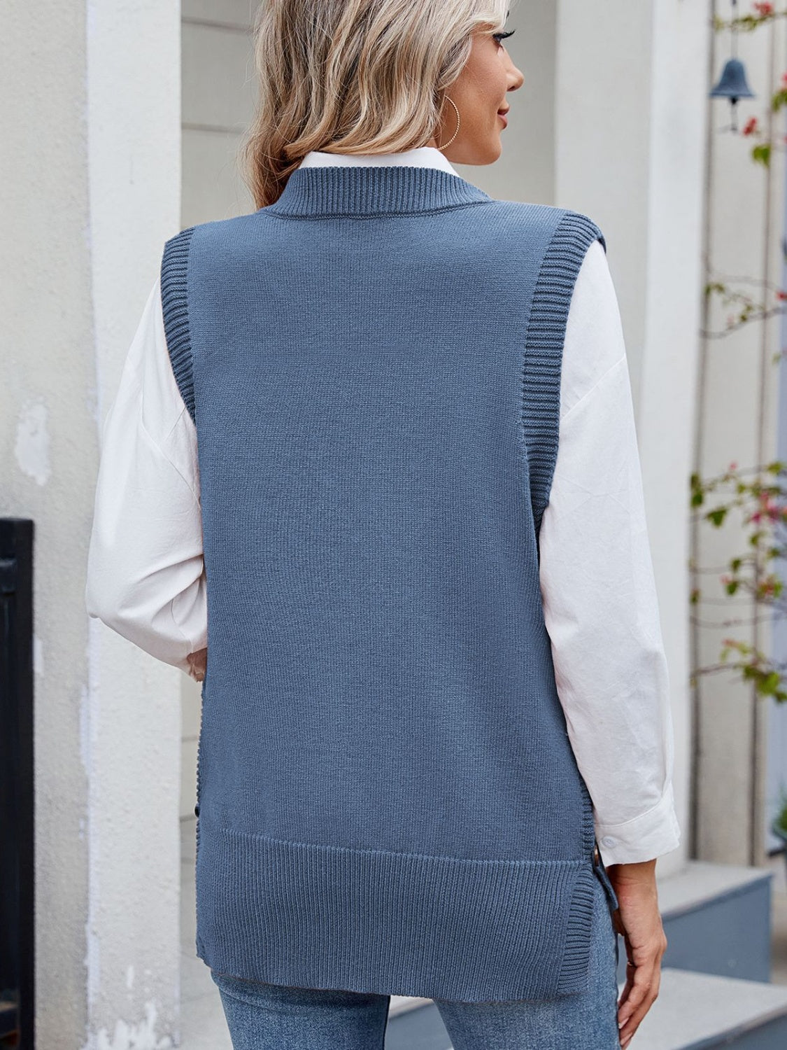 Buttoned Round Neck Sweater Vest-Angel Casuals