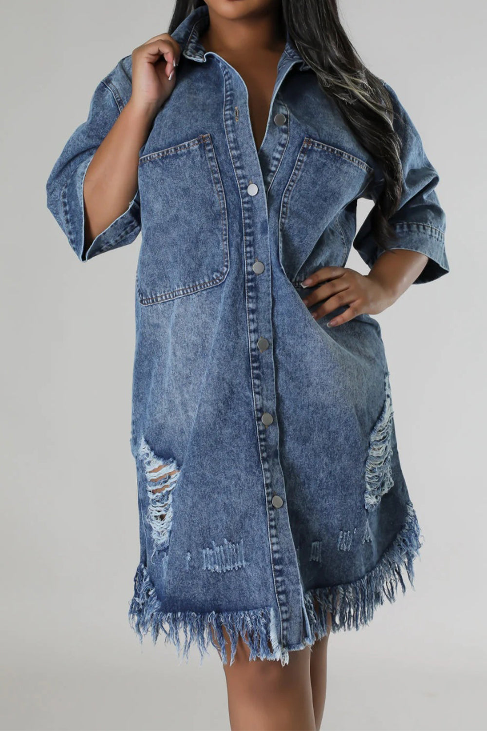 Distressed Raw Hem Button Up Denim Dress-Angel Casuals