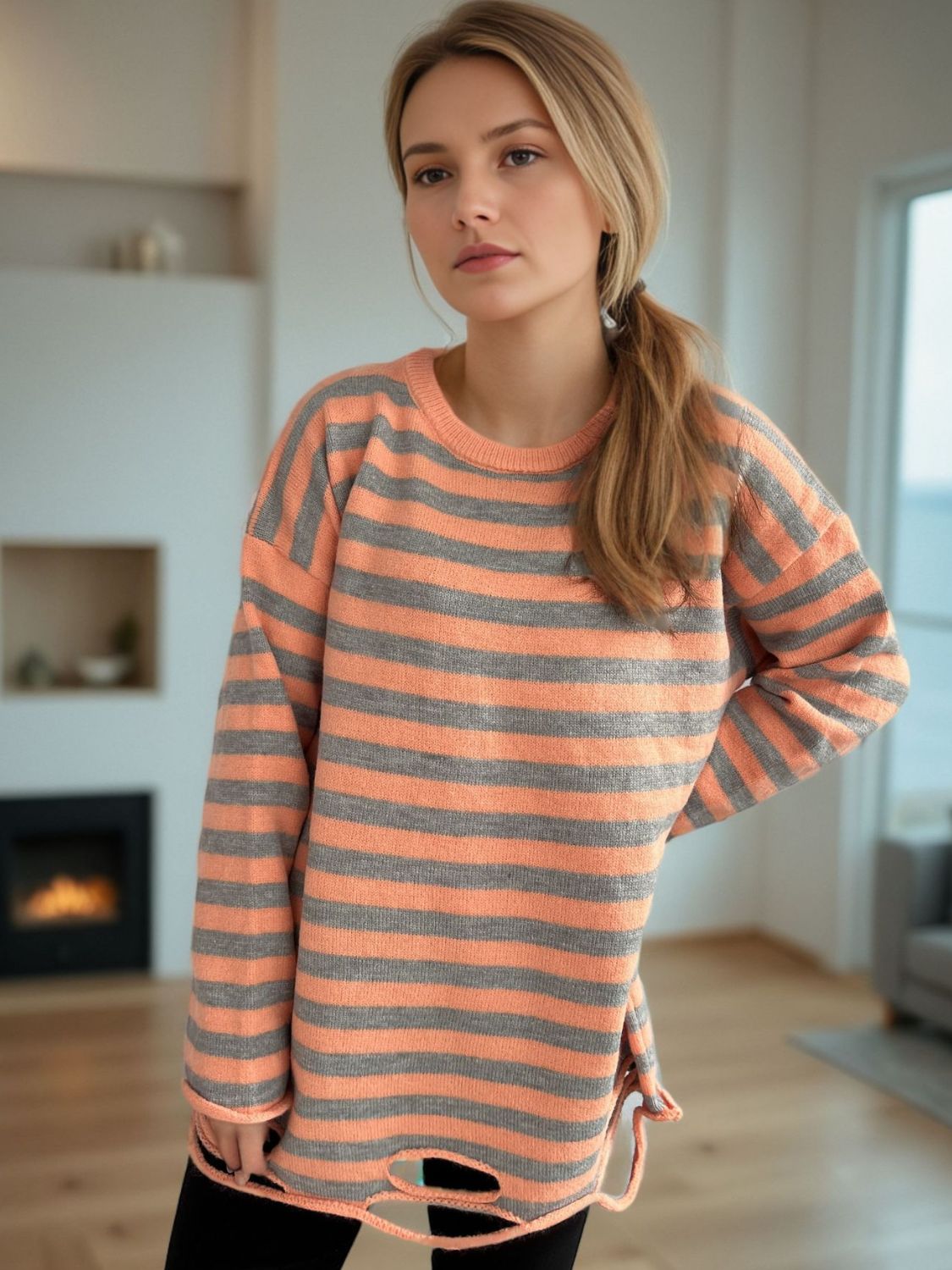 Distressed Striped Round Neck Long Sleeve Sweater-Angel Casuals