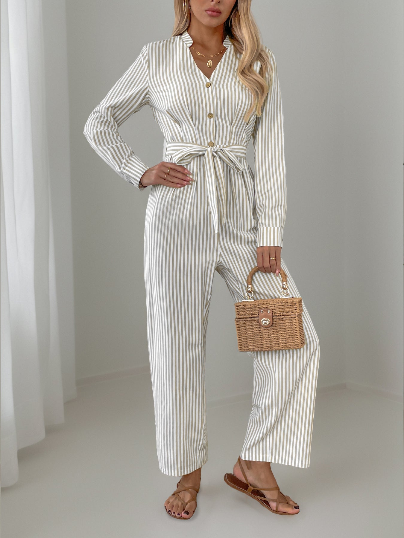Striped Notched Long Sleeve Tie Waist Jumpsuit-Angel Casuals