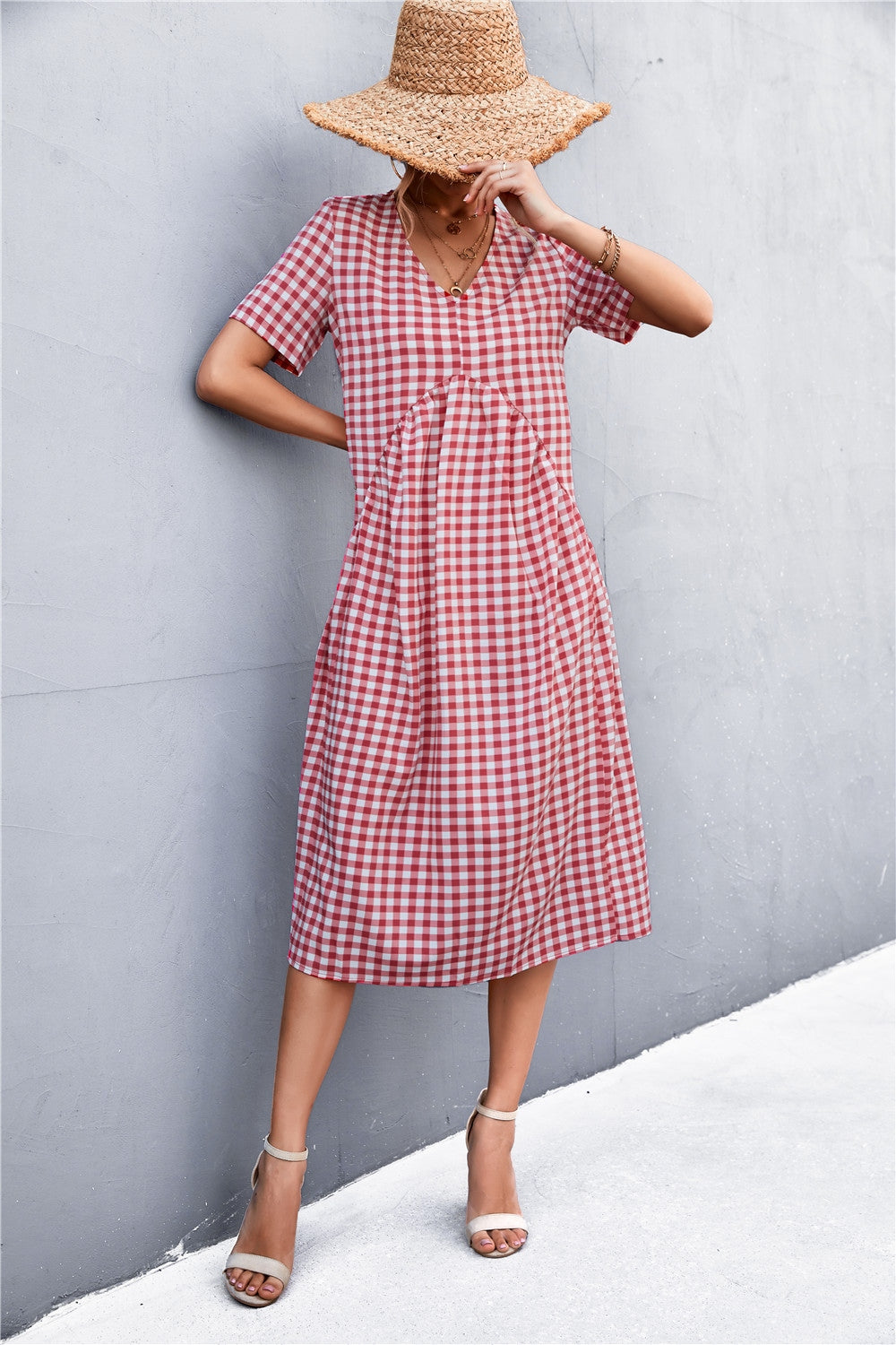 Plaid V-Neck Short Sleeve Dress-Angel Casuals