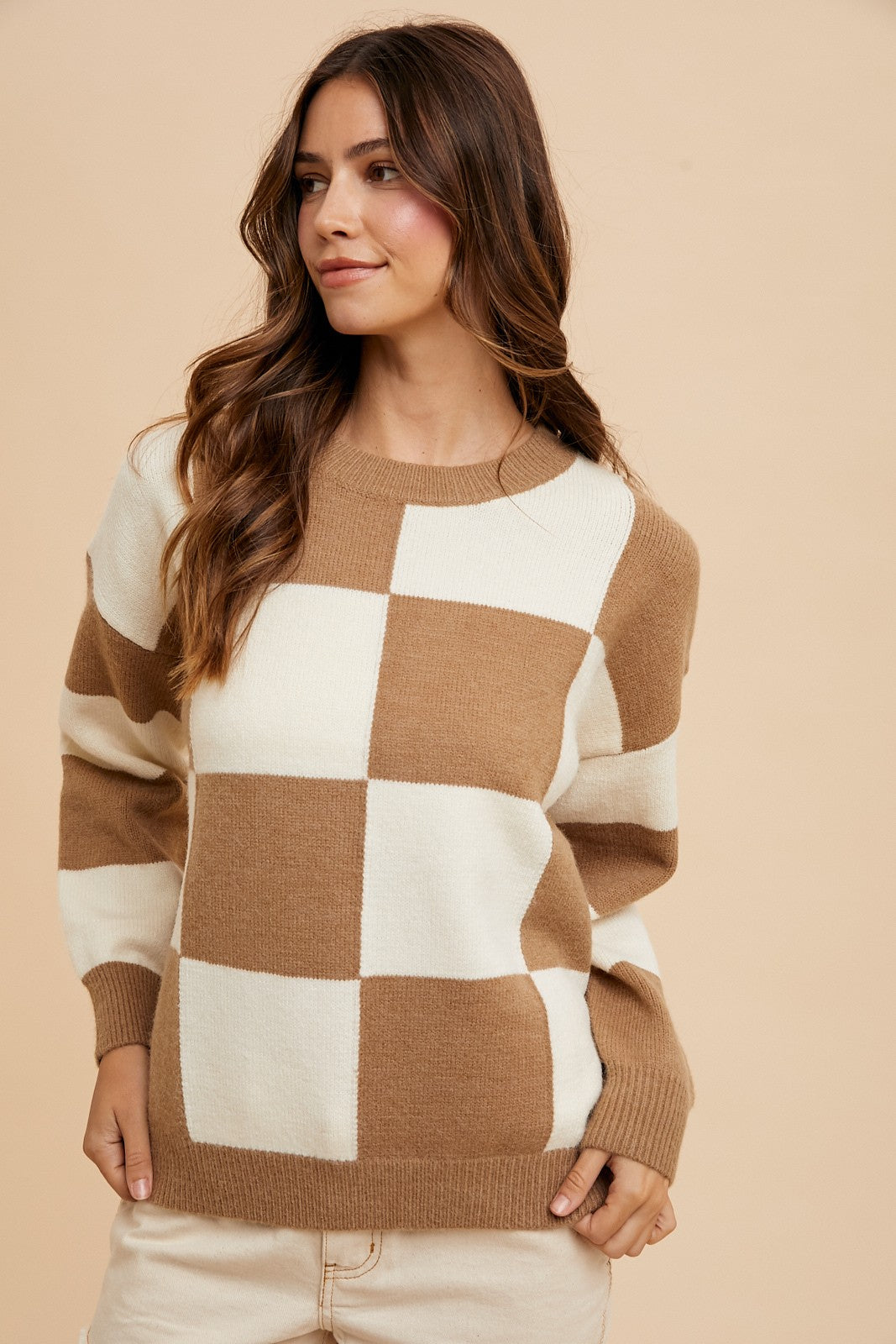 Annie Wear Checkered Round Neck Dropped Shoulder Sweater-Angel Casuals