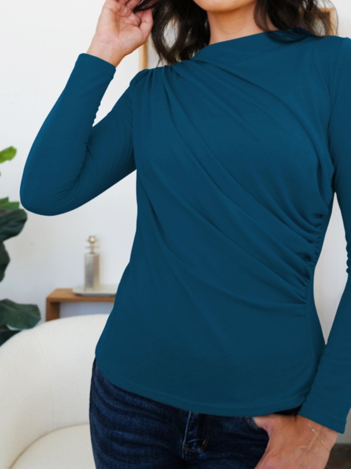 FAM-FAM Ruched Mock Neck Long Sleeve T-Shirt-Angel Casuals