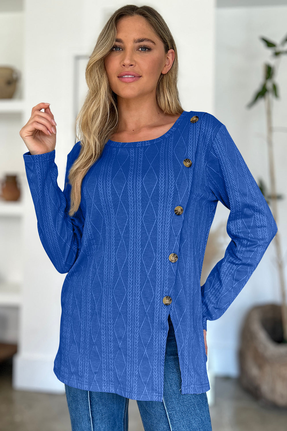 FAM-FAM Slit Round Neck Long Sleeve T-Shirt-Angel Casuals