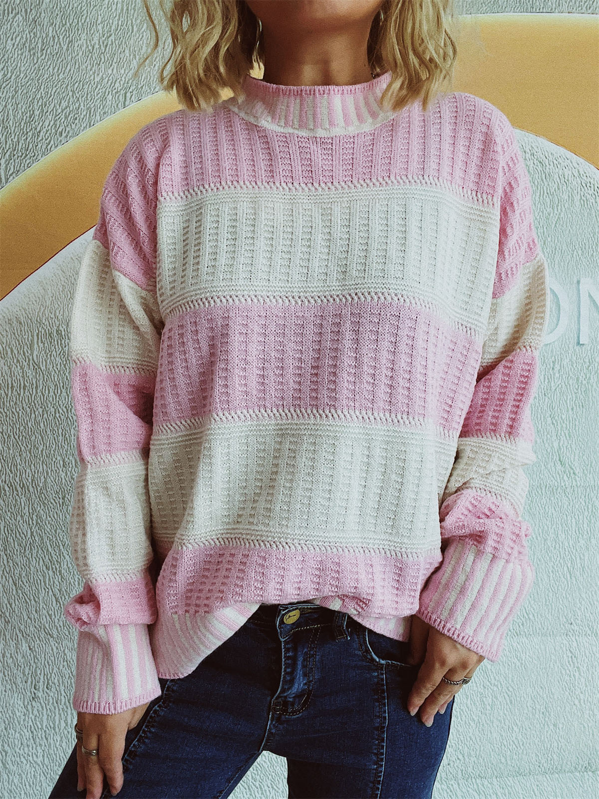 Contrast Round Neck Long Sleeve Sweater-Angel Casuals