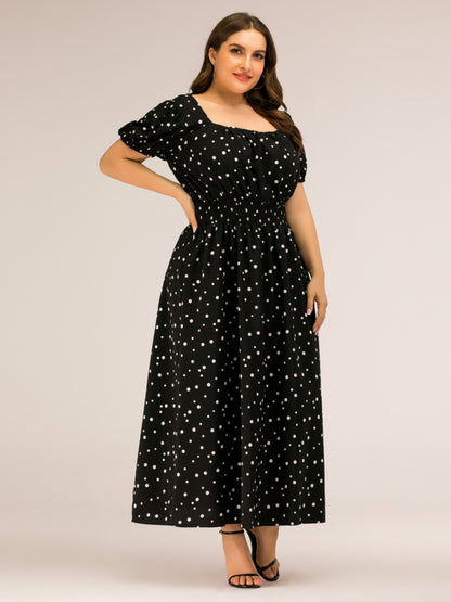 Plus Size Polka Dot Square Neck Dress-Angel Casuals