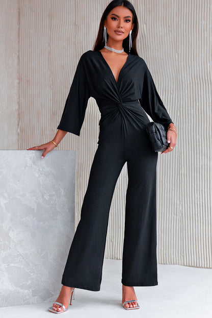 Twisted Plunge Three-Quarter Sleeve Jumpsuit-Angel Casuals