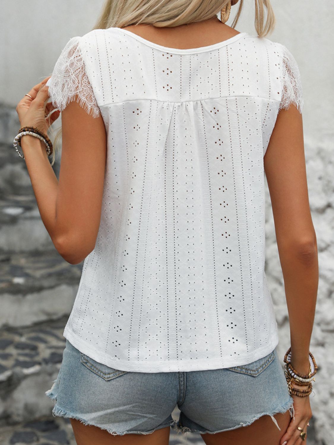 Perfee Eyelet Lace Detail V-Neck Cap Sleeve Top-Angel Casuals