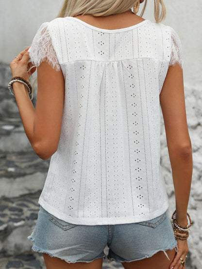 Perfee Eyelet Lace Detail V-Neck Cap Sleeve Top-Angel Casuals