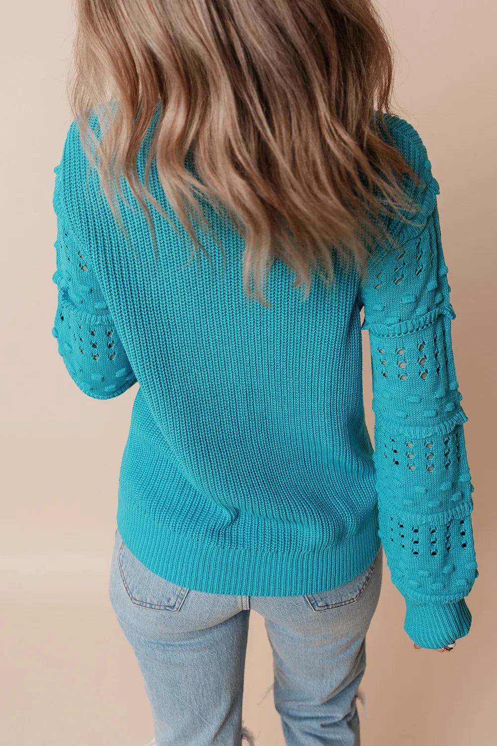 Openwork Frill Round Neck Long Sleeve Sweater-Angel Casuals