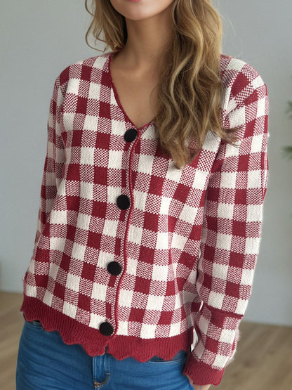 Plaid V-Neck Button Up Cardigan-Angel Casuals