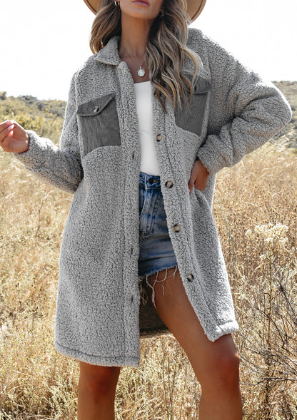Collared Neck Long Sleeve Longline Teddy Jacket-Angel Casuals